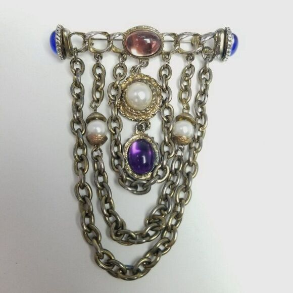 Vintage Victorian Revival Brooch, Swag Chain Colorful Cabochon Bar Lapel Pin - Picture 1 of 9
